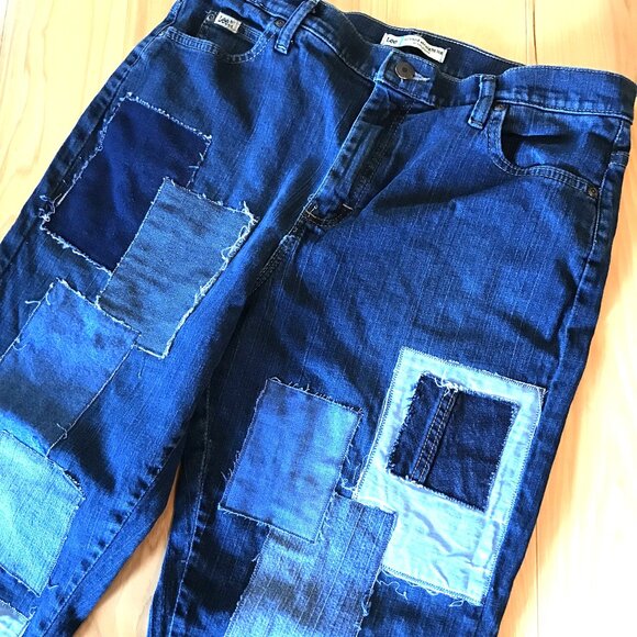 Boho Patchwork Jeans, Size 12: Upcycled Distressed Denim on Denim Hippie Pants - Picture 7 of 10